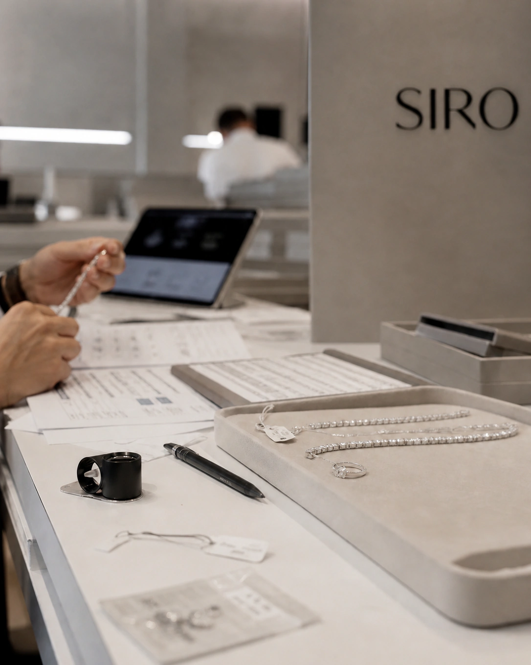 SIRO operational quality control desk with diamond jewelry, documents, loupe, and tablet in 2023.