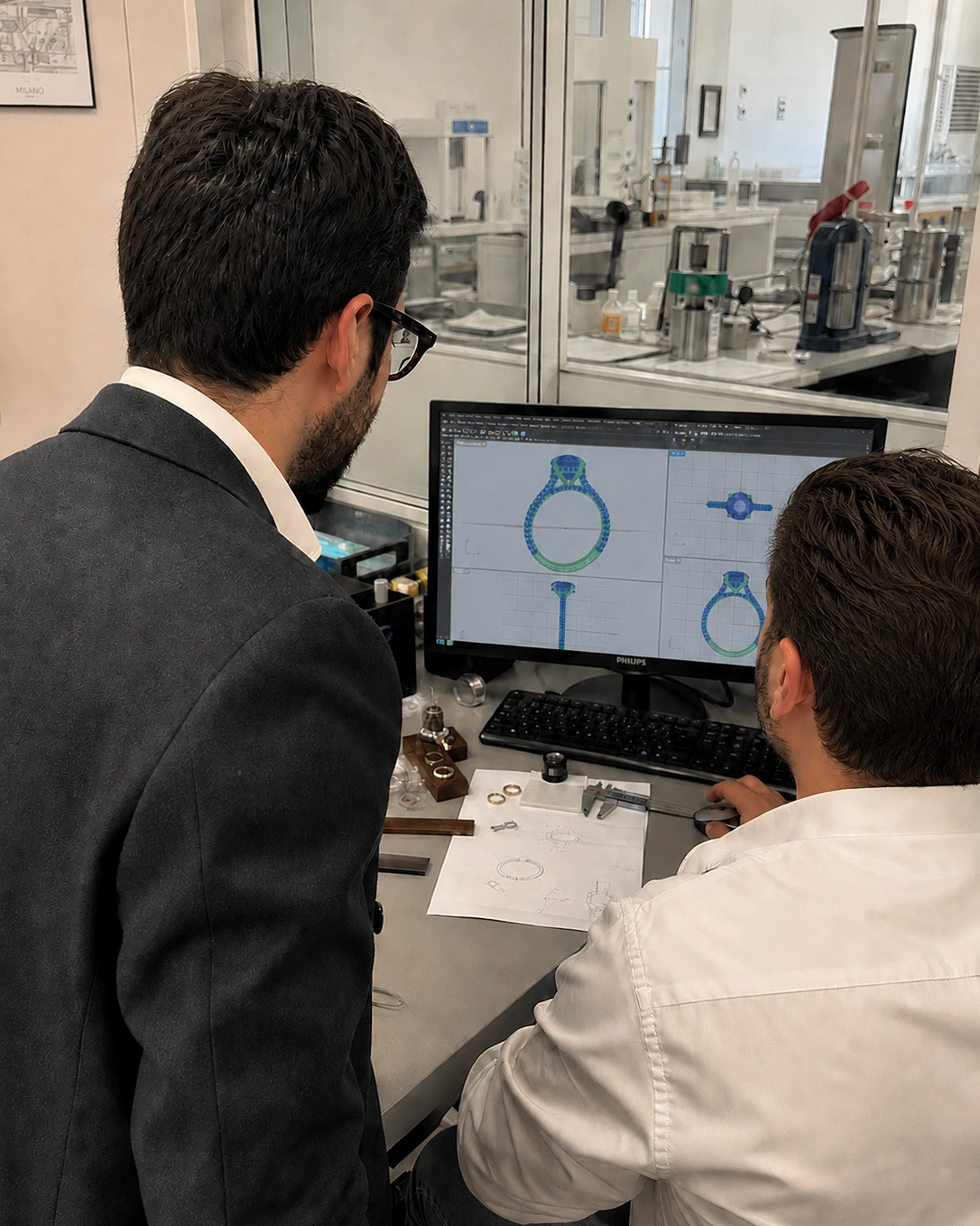 Collaborative SIRO diamond ring CAD design review in the workshop in 2026.