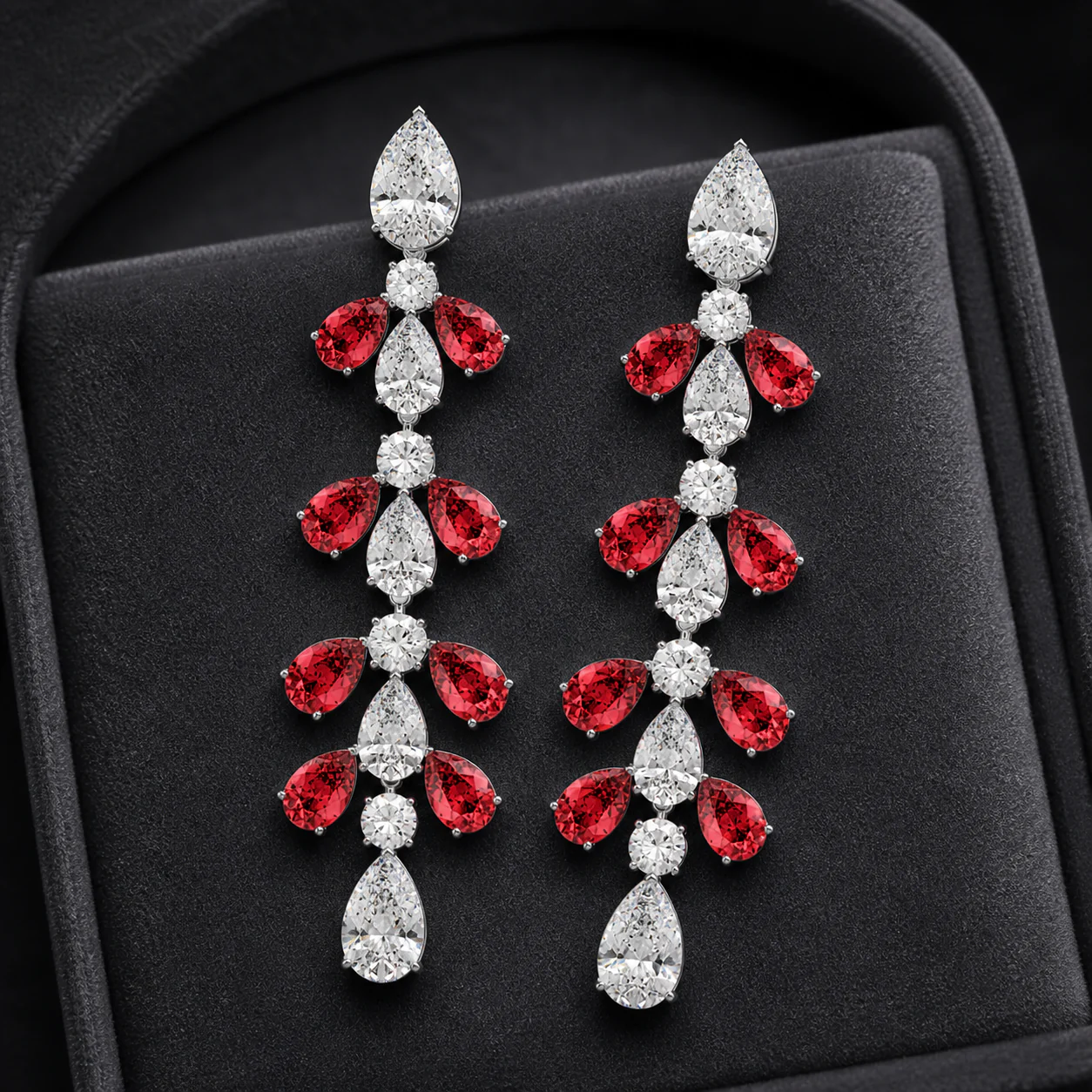 Dramatic drop earrings with vivid red stones and brilliant white pear-shaped accents