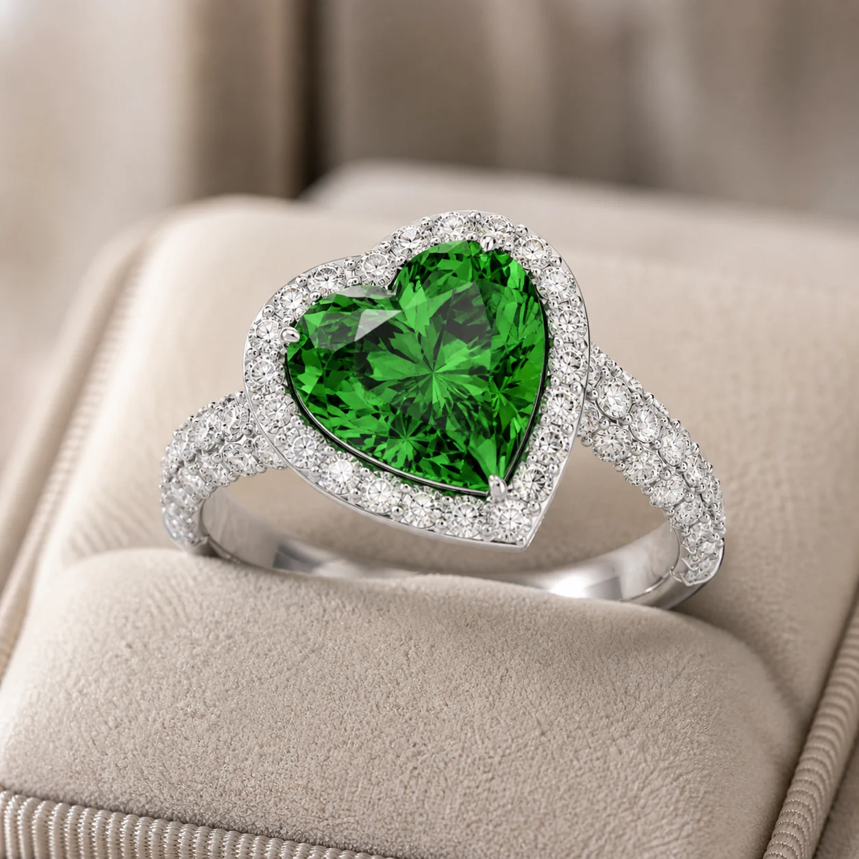 Green heart ring with a vivid heart-shaped stone, bright halo, and pave-style shoulders