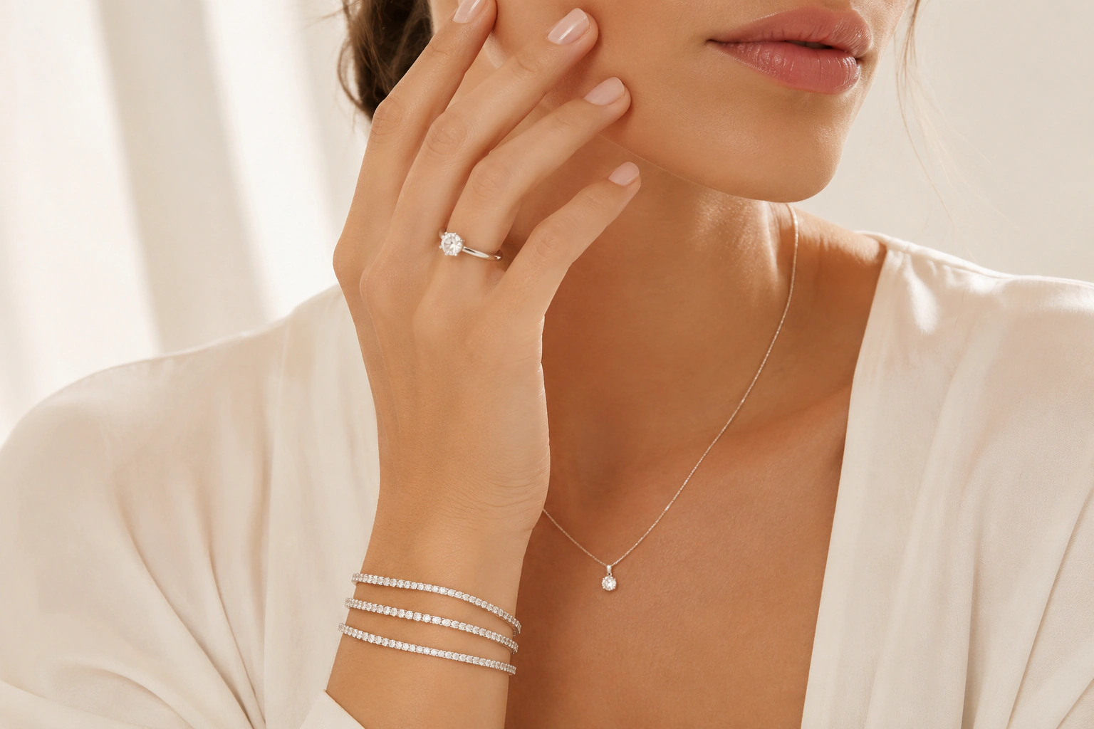 Diamond ring, bracelets, and necklace worn in the SIRO homepage hero